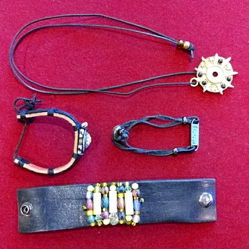 3 for $30 Black Leather Jewelry lot of Four Pieces Beaded Turtle Gold Silver